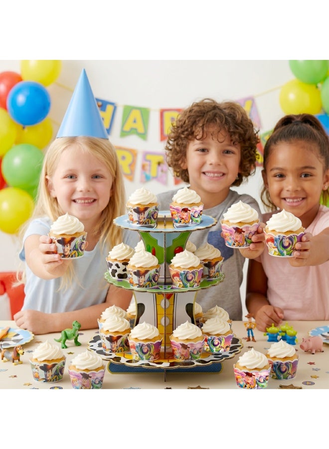 FRUITFUL PARTY 25pcs Toy Story Cake Decoration Set – 3-Tier Pixar Adventure Cake Stand with Cupcake Wrappers and Cake Toppers, Toy Story Birthday Party Supplies for Dessert Table Decorations - Image 4
