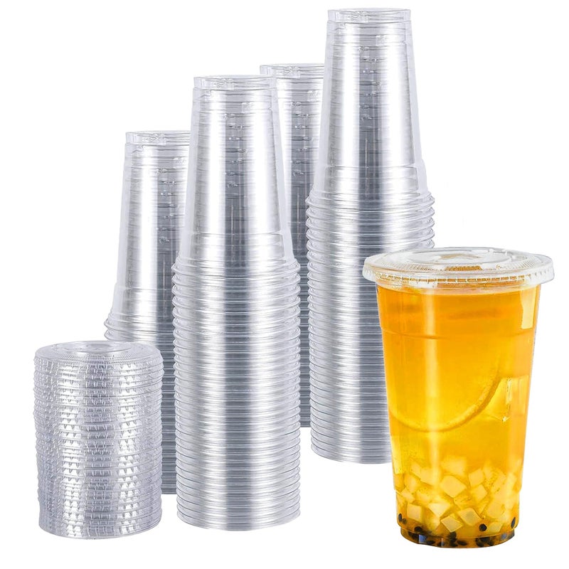 TashiBox plastic cups with lids 24 oz 100cups100flat lidsClear Crystal disposable plastic cupssmoothie cup