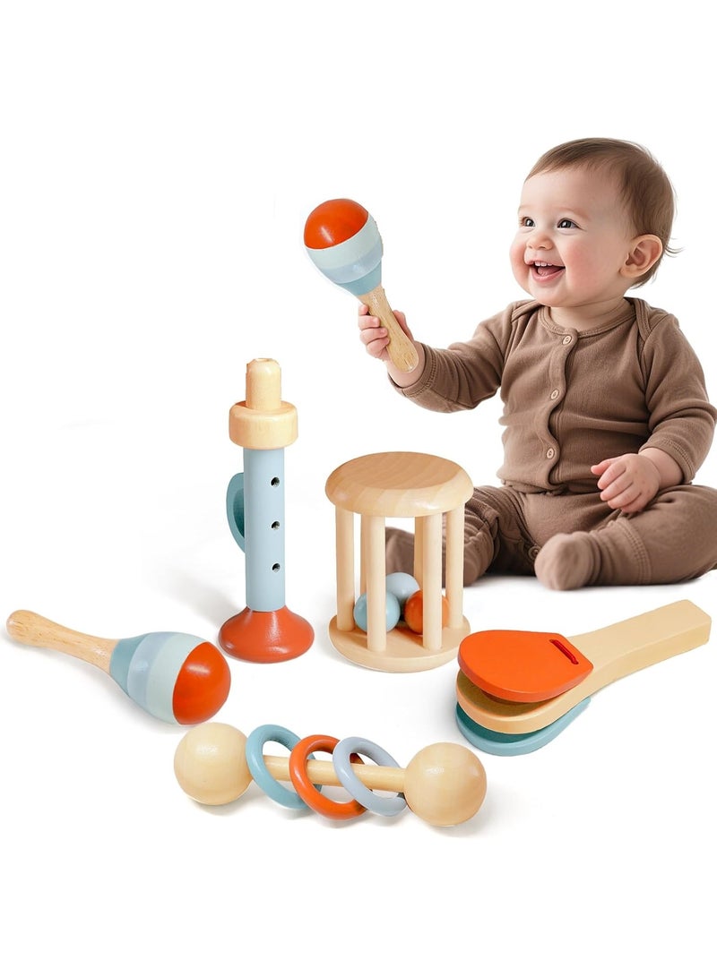 Soofam Baby Toys 3 6 9 Months, Montessori Games 6 Months, 5 Pieces Wooden Games, Musical Instruments Children Sensory Training, Baby Rattle 3 6 9 Months, Gift Newborn Male Female - Image 1