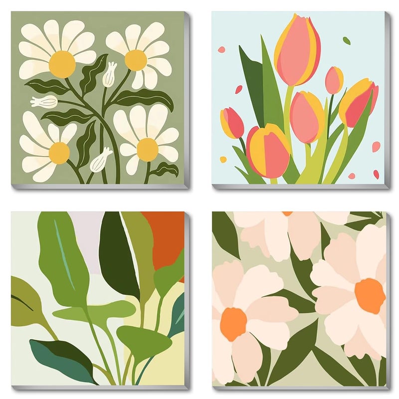 hkejoi 4 Pack Flowers Paint by Numbers Kit for Adults Framed - Small Easy Adult Paint by Numbers Kits, Acrylic Oil Painting Perfect for Home Wall Decor 8X8 Inch - Image 1
