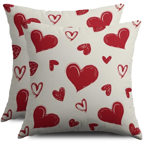 Smozenith Valentine's Day Pillow Covers 18X18 Set of 2, Red Love Heart Valentines Pattern Print Decorative Throw Pillow Covers Outdoor Farmhouse Holiday Decorations Cushion Case Couch Sofa Bed Decor - Image 1