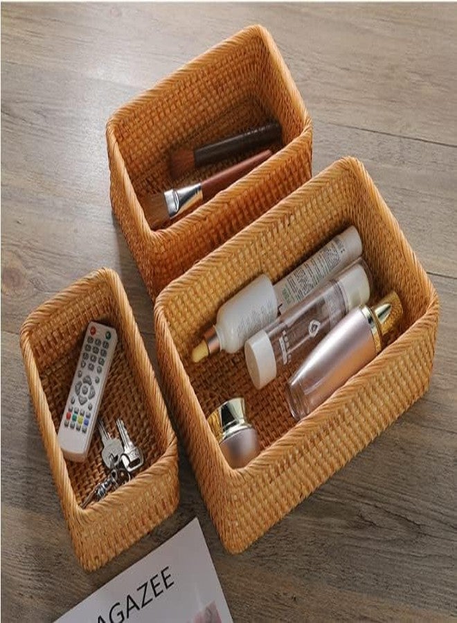 YANGQIHOME سلال تخزين من الخيزران الطبيعي، سلال فواكه مستطيلة منسوجة، سلة خوص مزخرفة وسلال صغيرة للتنظيم (مجموعة من 3 قطع) - Image 2