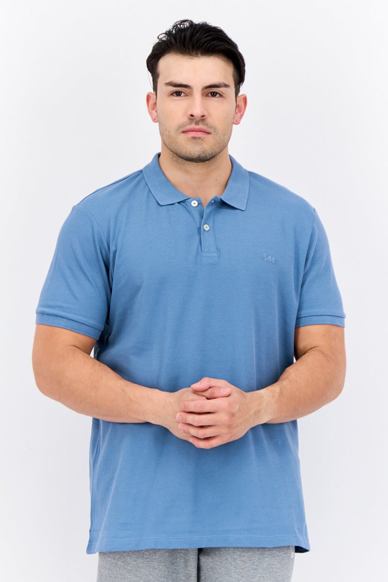 LEE تي شيرت بولو للرجال بقصة عادية بأكمام قصيرة وشعار مطرز، أزرق رمادي - Image 1