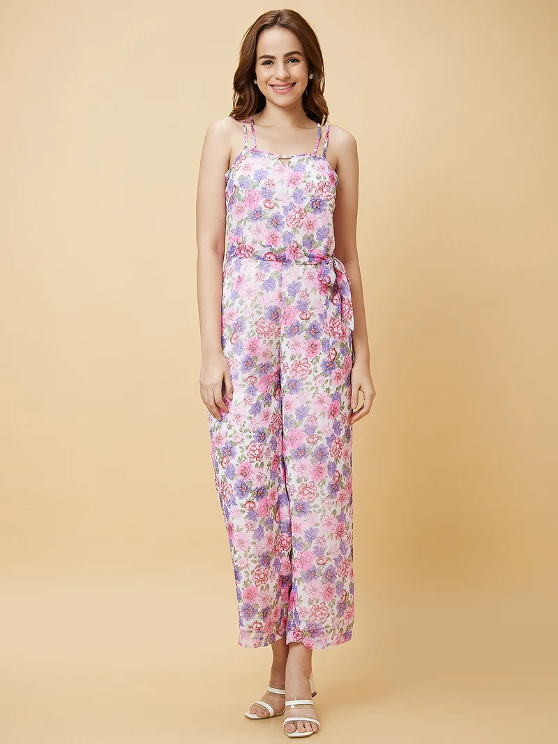 globus Globus Women Pink & Purple Floral Printed Waist Tie-Ups Basic Jumpsuit