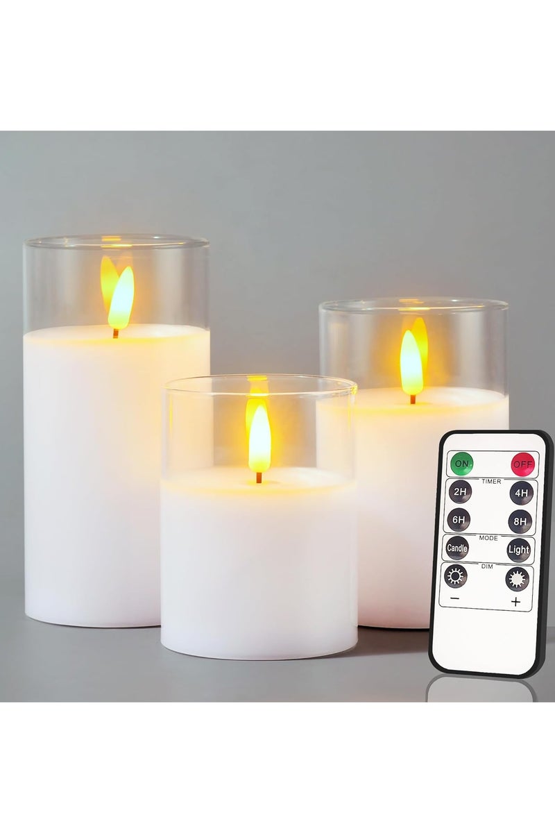 متجر الفرح 3 قطع من الشموع الزجاجية الشفافة بدون لهب LED تعمل بالبطارية مع مؤقت وجهاز تحكم عن بعد، شموع LED عمودية، تعمل بالبطارية، لون أبيض - Image 1