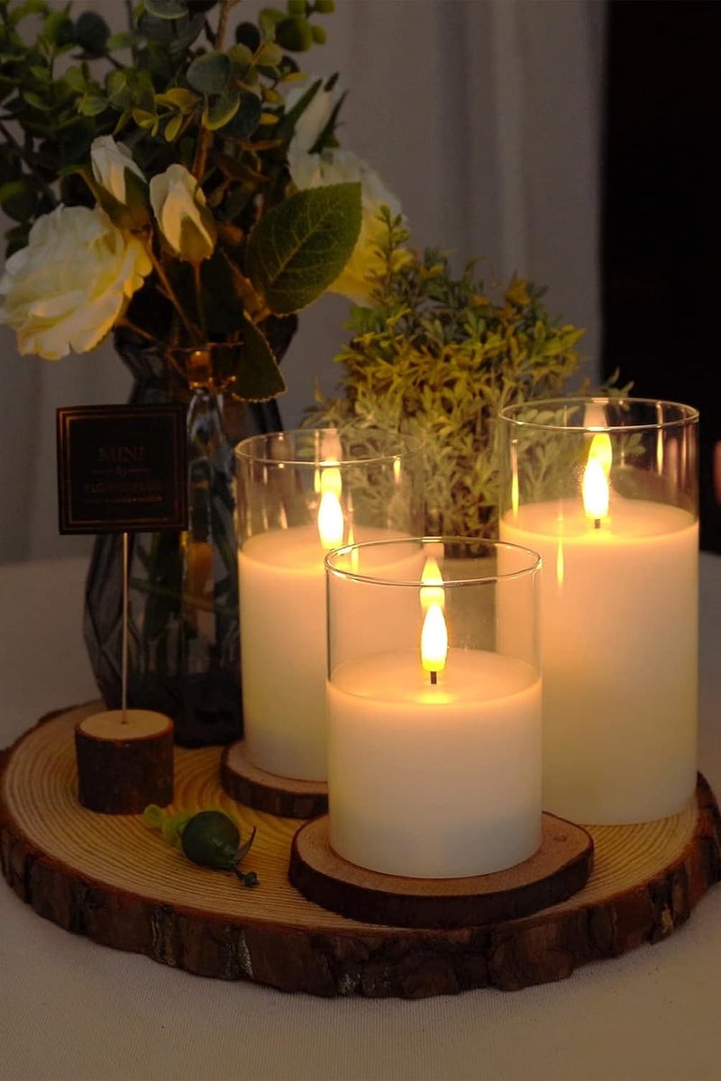 متجر الفرح 3 قطع من الشموع الزجاجية الشفافة بدون لهب LED تعمل بالبطارية مع مؤقت وجهاز تحكم عن بعد، شموع LED عمودية، تعمل بالبطارية، لون أبيض - Image 2