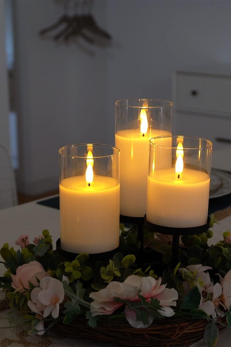متجر الفرح 3 قطع من الشموع الزجاجية الشفافة بدون لهب LED تعمل بالبطارية مع مؤقت وجهاز تحكم عن بعد، شموع LED عمودية، تعمل بالبطارية، لون أبيض - Image 3