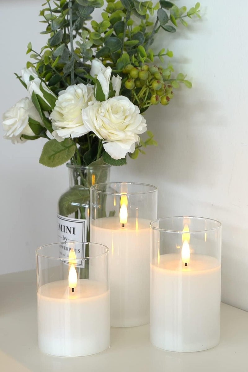 متجر الفرح 3 قطع من الشموع الزجاجية الشفافة بدون لهب LED تعمل بالبطارية مع مؤقت وجهاز تحكم عن بعد، شموع LED عمودية، تعمل بالبطارية، لون أبيض - Image 4