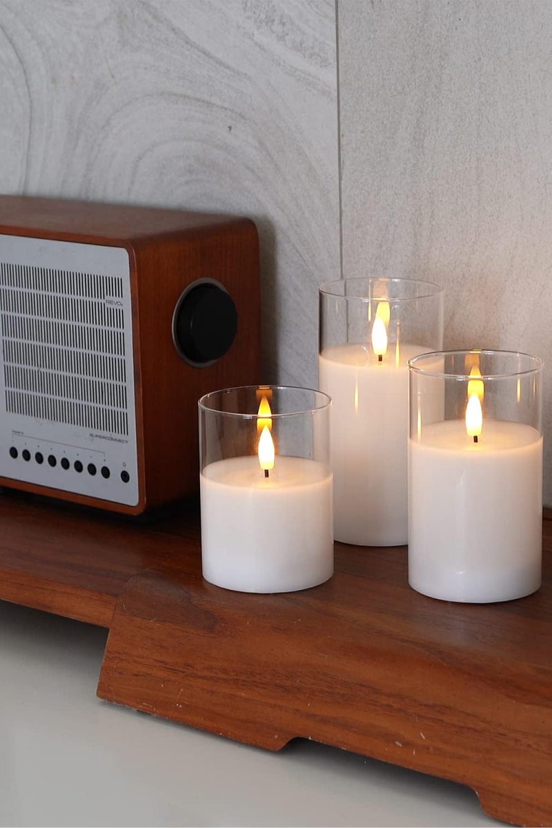 متجر الفرح 3 قطع من الشموع الزجاجية الشفافة بدون لهب LED تعمل بالبطارية مع مؤقت وجهاز تحكم عن بعد، شموع LED عمودية، تعمل بالبطارية، لون أبيض - Image 5