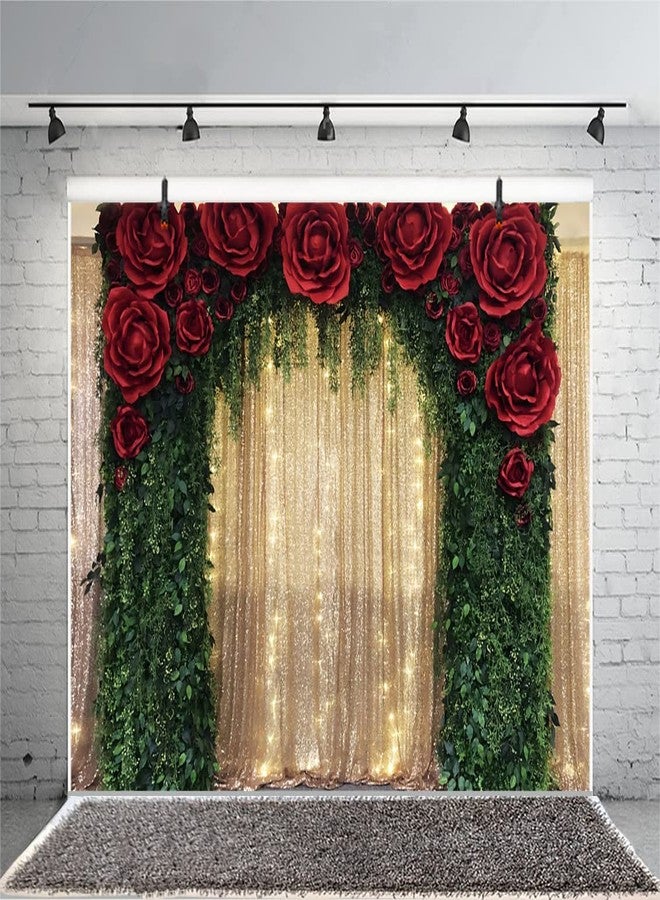 Eainb 10x8ft Gold Sequin Backdrop Red Rose Green Tree Vine Decoration Backdrop for Wedding Birthday Anniversary Engagement Baby Shower Event Decor Banner - Image 2