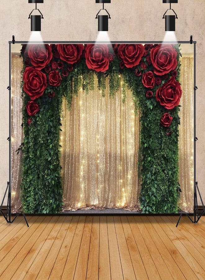 Eainb 10x8ft Gold Sequin Backdrop Red Rose Green Tree Vine Decoration Backdrop for Wedding Birthday Anniversary Engagement Baby Shower Event Decor Banner - Image 1