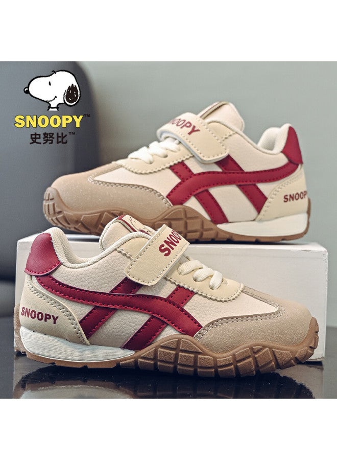 Snoopy Spring Children's Sports Shoes Soft Sole Girls Running Shoes Boys Casual Versatile German Training Shoes 0036 Beige/wine Red Size 35