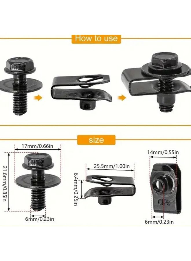 10pcs Black M6 Body Bolts with U Nut Clamp for Engine Hood Chassis Cover Guard - Image 4