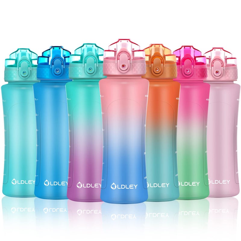 OLDLEY Kids Water Bottle with Straw 15 oz BPAFree LeakProof Motivational Water Bottles with Time Marker for School Sports Travel Gym Easy to Use for Girls Goys 1 Straw Lid Candy PinkBlueberry