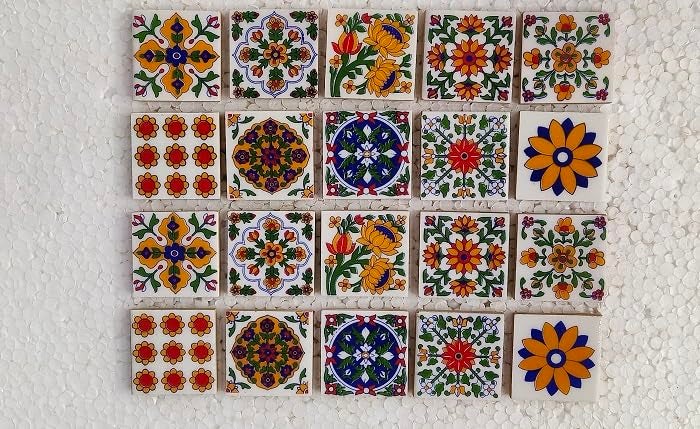 Shiv Kripa Blue Pottery Shiv Kripa Blue Art Pottery Classic Decorative Interior Exterior Flooring Wall Ceramic 2 x 2 inch Tiles Pack of 20 Tiles (Blue,Yellow & Multi) - Image 2