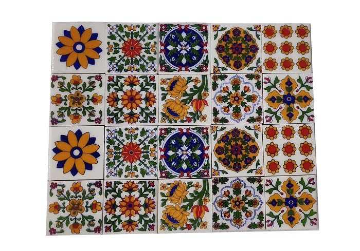 Shiv Kripa Blue Pottery Shiv Kripa Blue Art Pottery Classic Decorative Interior Exterior Flooring Wall Ceramic 2 x 2 inch Tiles Pack of 20 Tiles (Blue,Yellow & Multi) - Image 1