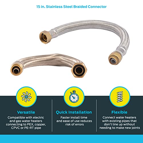 SharkBite موصل سخان الماء من شيركبايت 1/2 بوصة × 3/4 بوصة FIP × 15 بوصة من الفولاذ المقاوم للصدأ مع حبل مرن، موصل سبائك نحاسية للسباكة، أنبوب PEX، نحاس، CPVC، PE-RT، HDPE، U3068FLEX15LF - Image 3