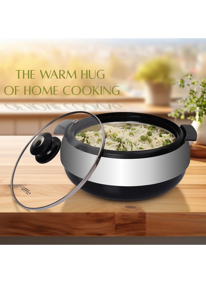 JAYPEE Jaypee Glasserol Serving Casserole Set Inner Stainless Steel Toughened Glass Lid PUF Insulated Hot Box |Roti Box| Easy to carry | Food Grade | Stackable, 1700 ml, Black  - Image 2