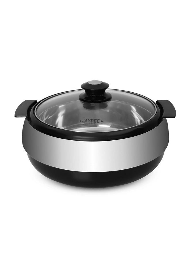JAYPEE Jaypee Glasserol Serving Casserole Set Inner Stainless Steel Toughened Glass Lid PUF Insulated Hot Box |Roti Box| Easy to carry | Food Grade | Stackable, 1700 ml, Black  - Image 1