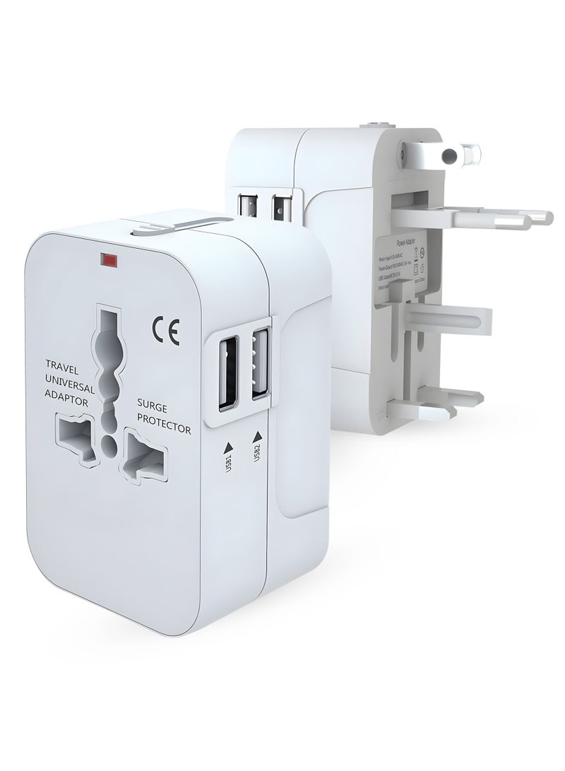 TKOOFN Universal International Power Travel Plug Adapter, 3 in 1 Travel Adapter with 2 USB-A, Wall Charger with Worldwide AC Outlet for Europe USA UK AUS Asia KSA UAE -  White - Image 1