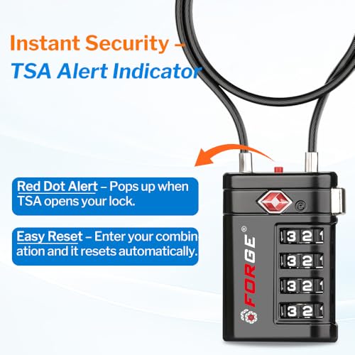 Forge TSA Approved Luggage Locks 4 Digit Combination TSA Travel Locks with TSA008, Open Alert Indicator, Zinc Alloy Body for Luggage, Suitcase, Backpack, and More. 1 15'' Cable Locks. - Image 5