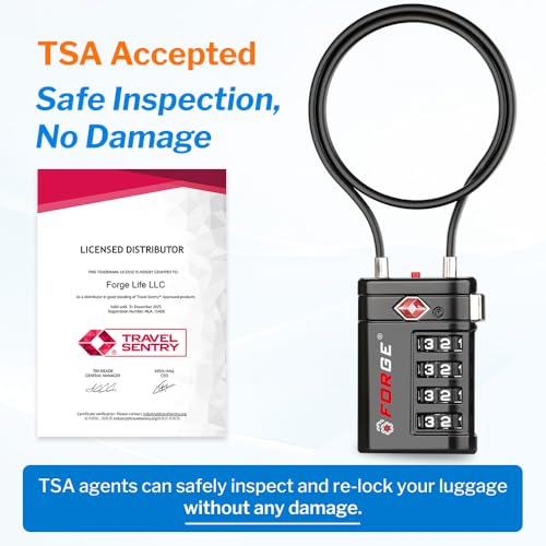 Forge TSA Approved Luggage Locks 4 Digit Combination TSA Travel Locks with TSA008, Open Alert Indicator, Zinc Alloy Body for Luggage, Suitcase, Backpack, and More. 1 15'' Cable Locks. - Image 4