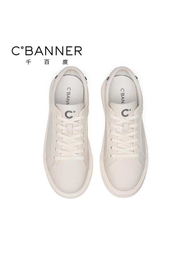 Qianbudu First Layer Cowhide Autumn New Men's Casual Shoes Versatile Soft Sole Sneakers Durable White Size 44