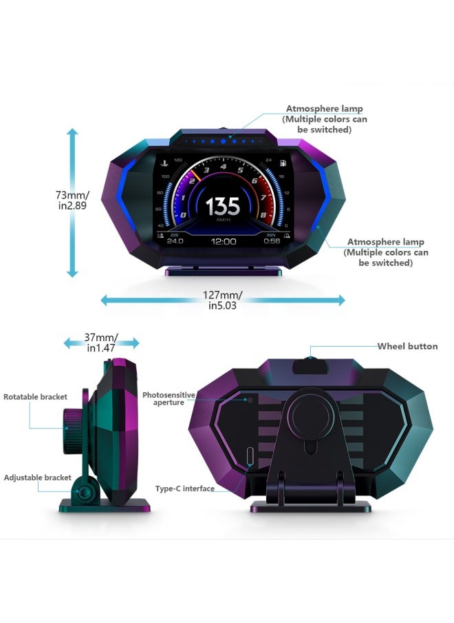 Digisand - HUD Heads Up Display for Car, OBD+GPS Multi-Data Monitor Digital Speedometer Headsup Display, Overspeed Alarm RPM Water Temperature Turbo Pressure Smart Gauge for Most Vehicles After 2008 - Image 1