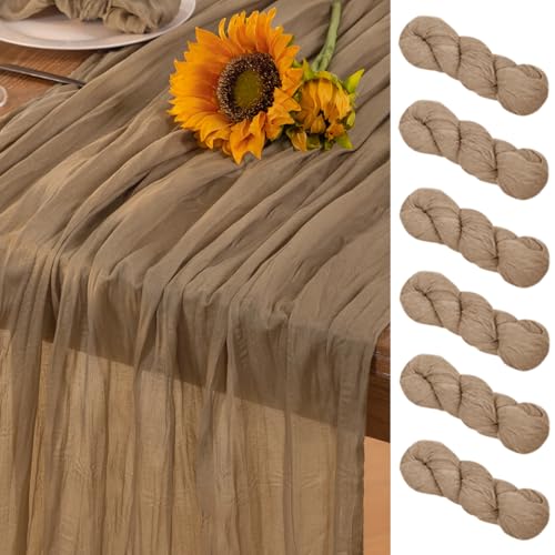 DeZerlor Nude Cheesecloth Table Runner 6 Pack Summer Sheer Coffee Cheese Cloth Table Runners Boho Gauze 120 Inches Summer Table Decorations for Nude Wedding Bridal Baby Shower Tea Party Decor