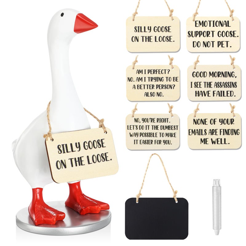 Relaxweex Magnetic Goose Key Holder Cute Statue Resin Goose Statue With Wooden Base Writable Sign Chalk For New Apartment Housewarming Gift Office Table Desk Home Decor (Motivation Quotes 9 Pcs) - Image 1