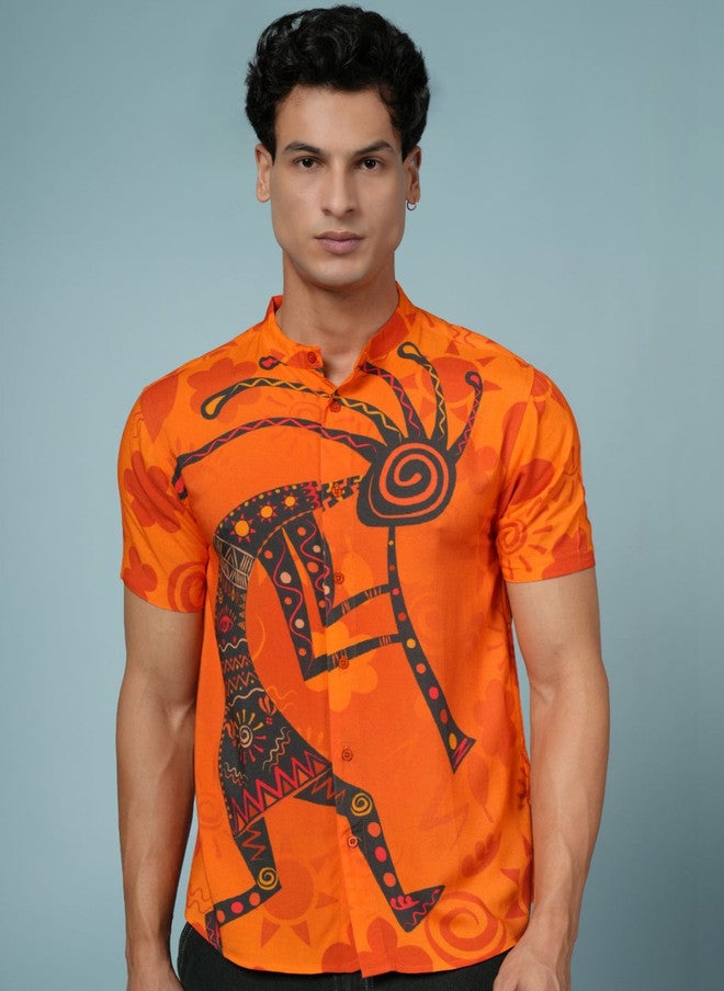 OUTLAWS Men's Orange Ethnic Motifs Printed Casual Shirt with Mandarin Collar - Image 1
