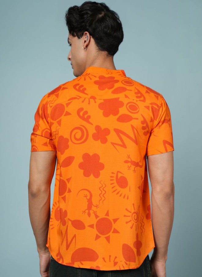OUTLAWS Men's Orange Ethnic Motifs Printed Casual Shirt with Mandarin Collar - Image 4