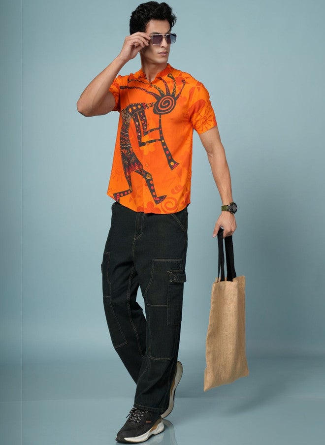 OUTLAWS Men's Orange Ethnic Motifs Printed Casual Shirt with Mandarin Collar - Image 5