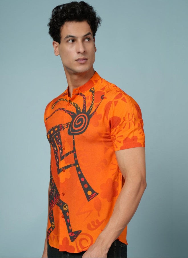 OUTLAWS Men's Orange Ethnic Motifs Printed Casual Shirt with Mandarin Collar - Image 2