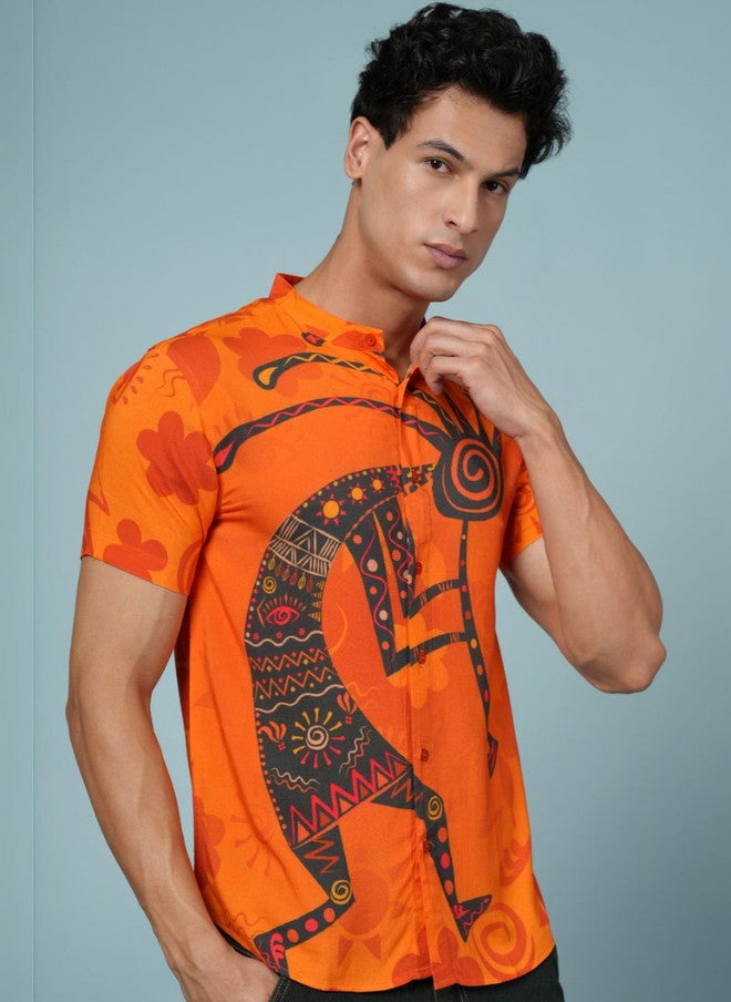 OUTLAWS Men's Orange Ethnic Motifs Printed Casual Shirt with Mandarin Collar - Image 3