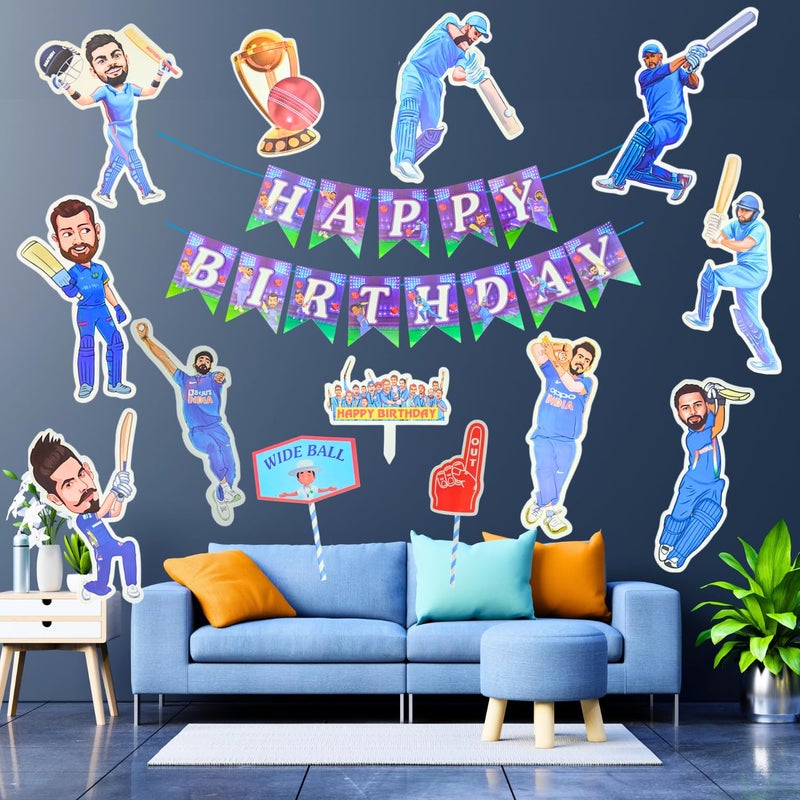 Party Decorz-Never Miss A Chance to Celebrate Party Decorz Cricket Theme Birthday Decoration Kit, 14 Pieces with Banner, Cake Topper, Paper Cutouts, Props  - Image 1