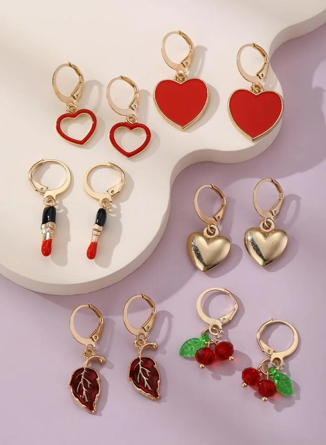 تايك تو Girls Set of 6 -Heart and Cherry Charm Dangle Earrings