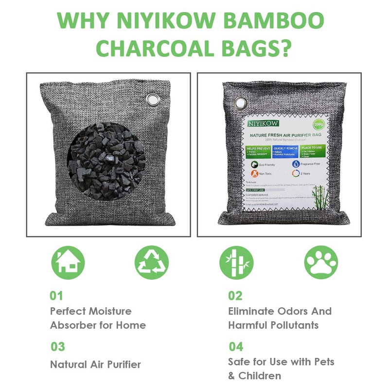 NIYIKOW NIYIKOW Charcoal Bags Odor Absorber (Large, 4Pack x 200g), Nature Fresh Bamboo Charcoal Air Purifying Bags, Activated Charcoal Odor Absorber for Home, Car, Closet, Pets, Basement Odor Eliminator -Grey  - Image 5