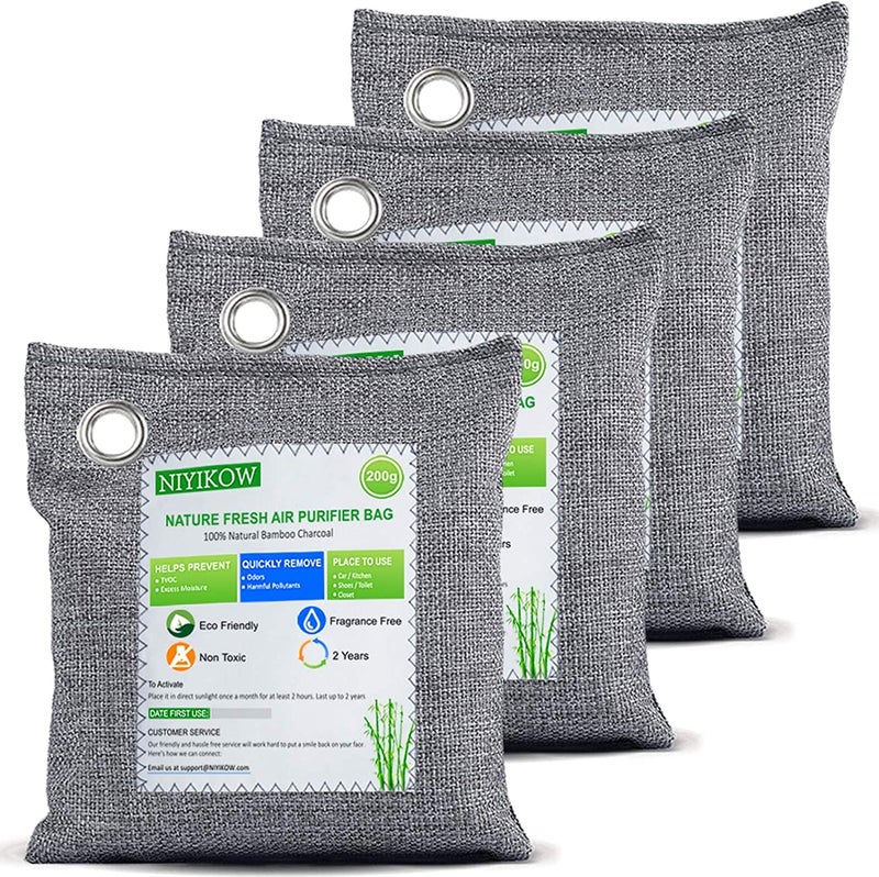 NIYIKOW NIYIKOW Charcoal Bags Odor Absorber (Large, 4Pack x 200g), Nature Fresh Bamboo Charcoal Air Purifying Bags, Activated Charcoal Odor Absorber for Home, Car, Closet, Pets, Basement Odor Eliminator -Grey  - Image 1