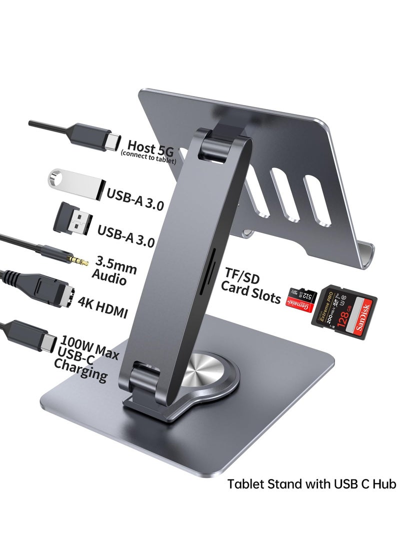 Generic - Laptop Docking Station for iPad Pro Mini Air Galaxy Tab, Adjustable 7-in-1 USB C Hub for iPad Stand, 360°Rotatable iPad Stand, 12.9 inch 4K HDMI USB 3.0 PD 100W 3.5mm Audio SD/TF Card Reader - Image 1