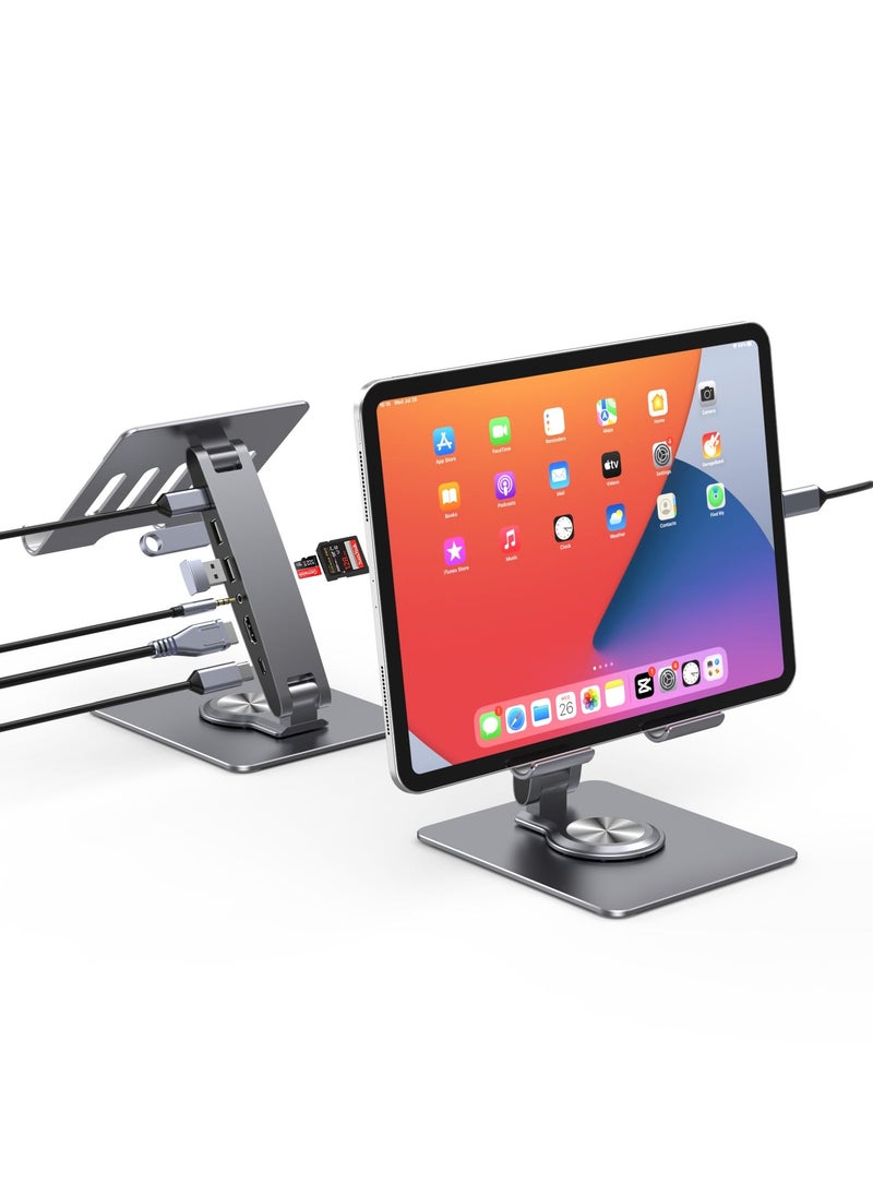 Generic - Laptop Docking Station for iPad Pro Mini Air Galaxy Tab, Adjustable 7-in-1 USB C Hub for iPad Stand, 360°Rotatable iPad Stand, 12.9 inch 4K HDMI USB 3.0 PD 100W 3.5mm Audio SD/TF Card Reader - Image 1