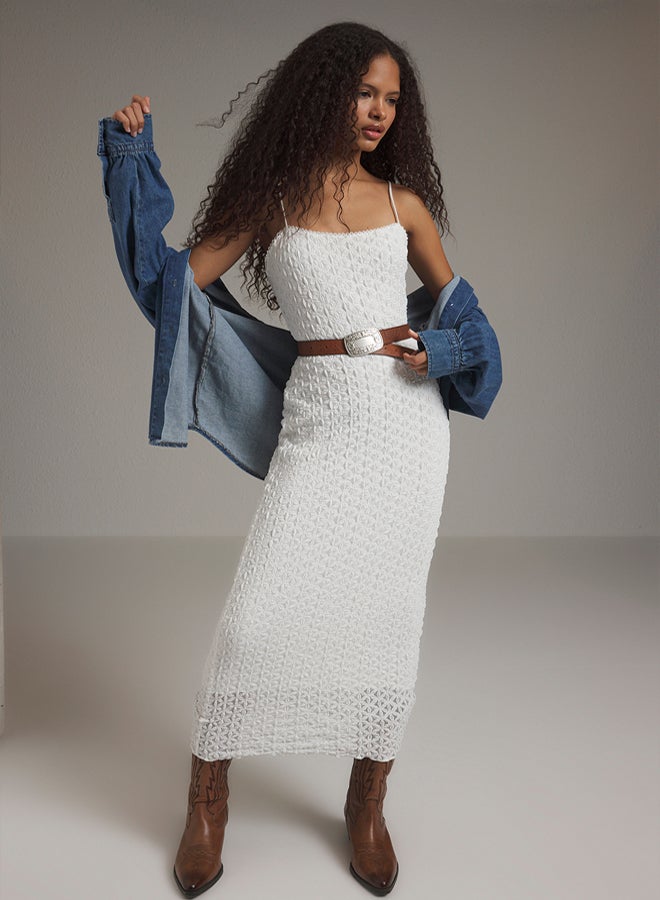 trendyol White Lace Bodycone/Fits Body Strappy Midi Knit Dress - Image 1