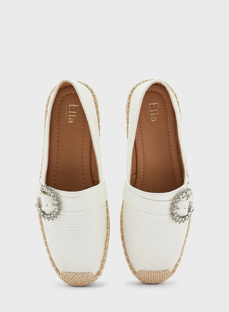 ELLA Textured Diamante Buckle Flat Espadrille