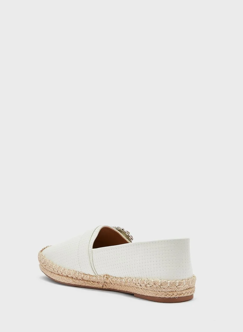 ELLA Textured Diamante Buckle Flat Espadrille