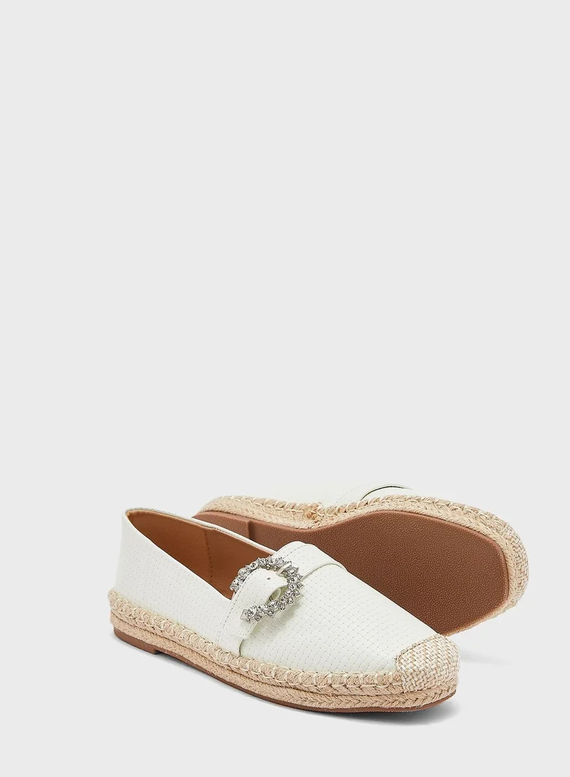 ELLA Textured Diamante Buckle Flat Espadrille