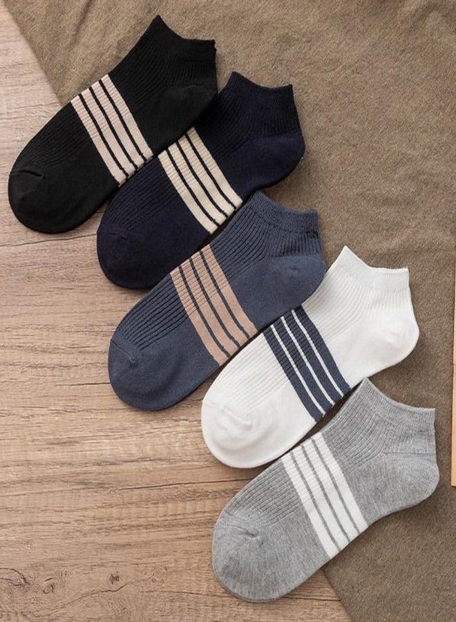 5 Pairs Of Men's Low-Top Socks, Striped Socks, Breathable Cotton Socks Thin Shallow Low-Top Boat Socks Can Be Worn In All Seasons - Image 2