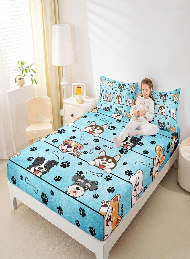 Man Fei Manfei Cute Dog Bed Sheet Set Twin Size,Cartoon Puppy Pet Animals Sheet Set Kids Teens,Black Paw Print Blue Bedding Decor Set with 1 Flat & 1 Fitted Sheet with 1 Pillow Sham - Image 4