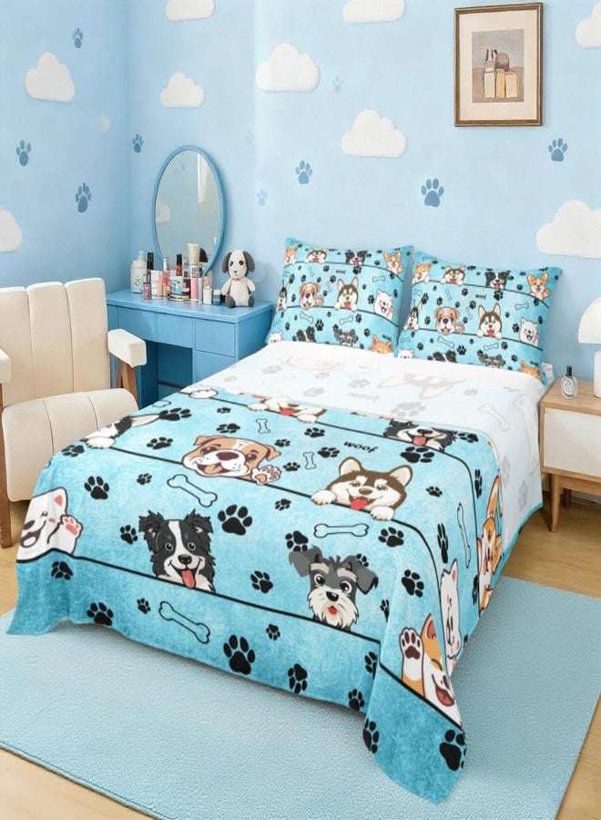 Man Fei Manfei Cute Dog Bed Sheet Set Twin Size,Cartoon Puppy Pet Animals Sheet Set Kids Teens,Black Paw Print Blue Bedding Decor Set with 1 Flat & 1 Fitted Sheet with 1 Pillow Sham - Image 1