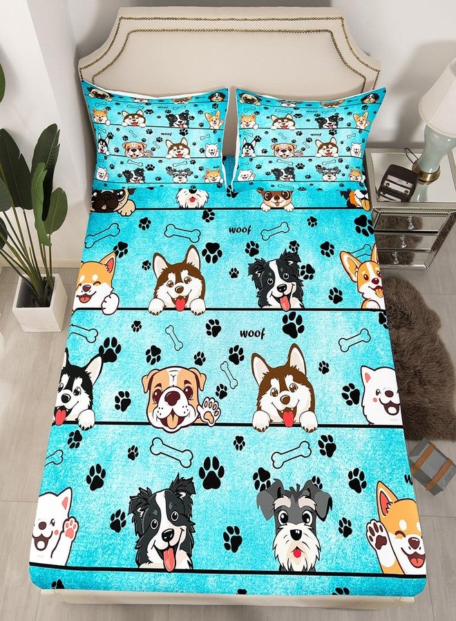 Man Fei Manfei Cute Dog Bed Sheet Set Twin Size,Cartoon Puppy Pet Animals Sheet Set Kids Teens,Black Paw Print Blue Bedding Decor Set with 1 Flat & 1 Fitted Sheet with 1 Pillow Sham - Image 5