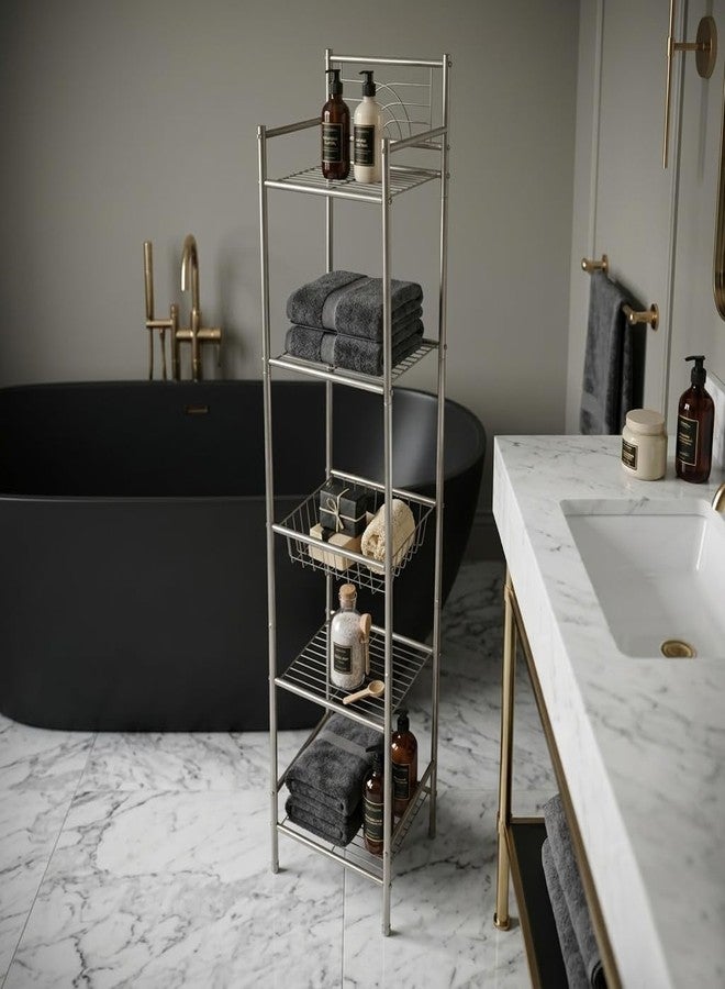 Bath Bliss 5 Tier Storage Shelf | 13"x 11.6"x 58.5" | Freestanding | Bathroom Storage | Rust Resistant | Easy Assemble | Satin - Image 4